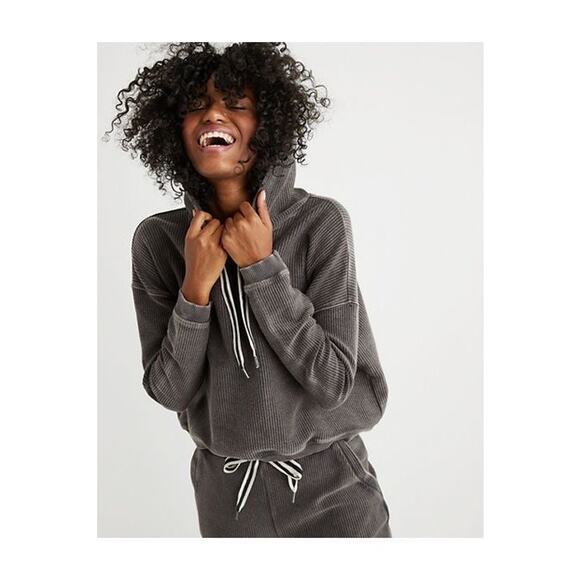 Aerie Women's Ribbed‎ Pullover Hoodie Grey Size M Medium Cropped Long Sleeve - Picture 9 of 10